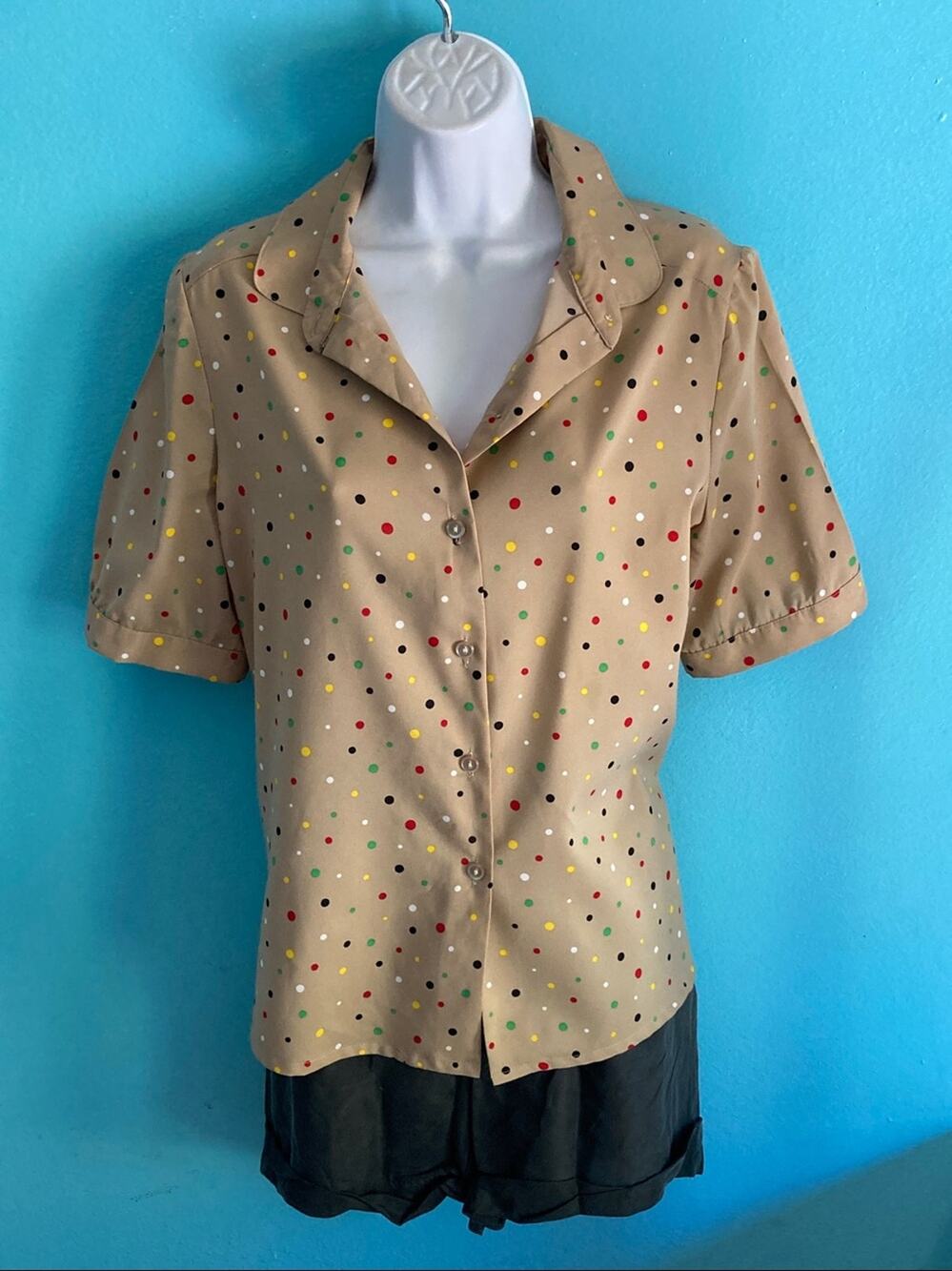 Alex Coleman Womens Size M Vintage Polka Dot Tan Button Front Blouse